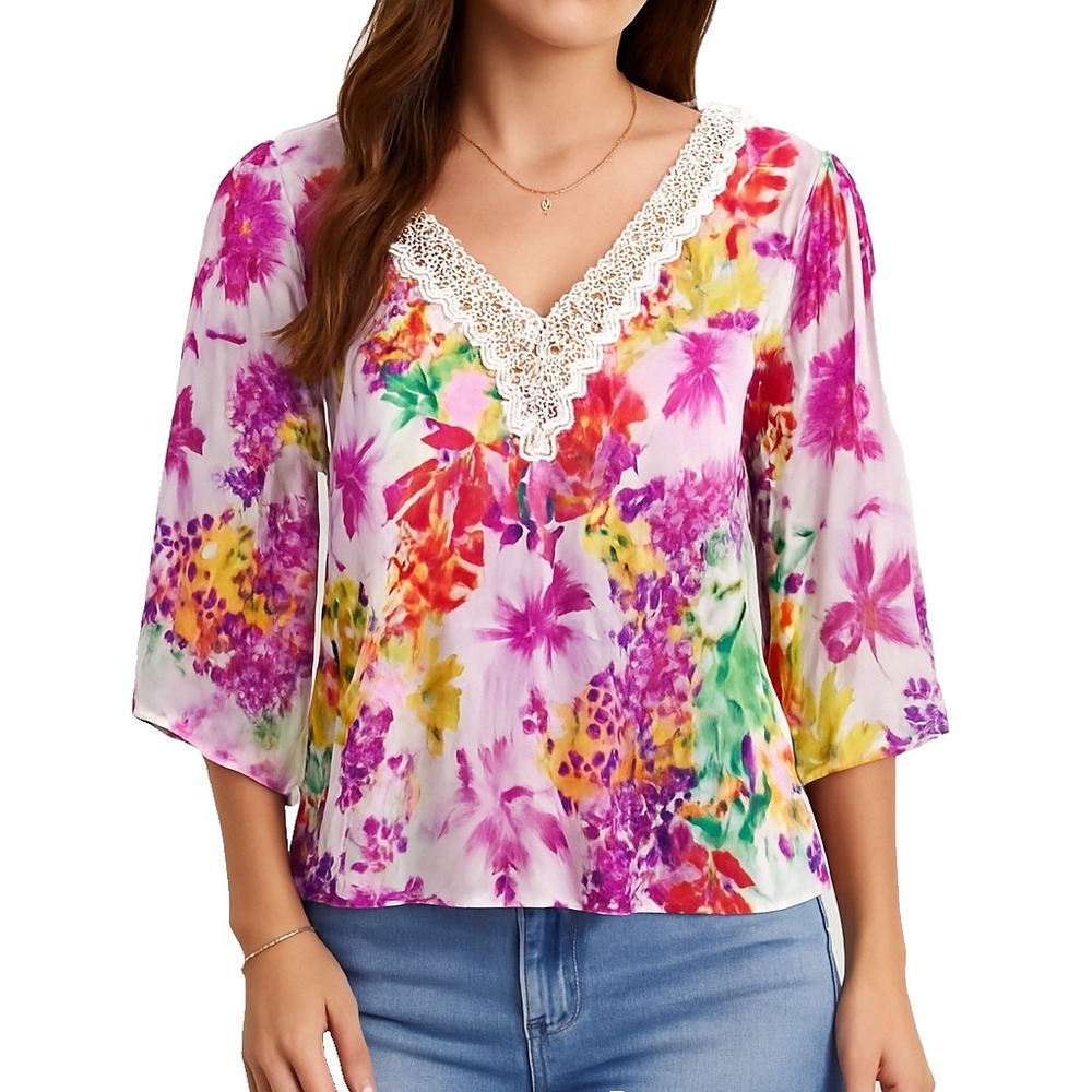 Mushka Sienna Rose‎ Floral Crochet Tunic Sheer V-Neck Blouse M Petite Boho Artsy